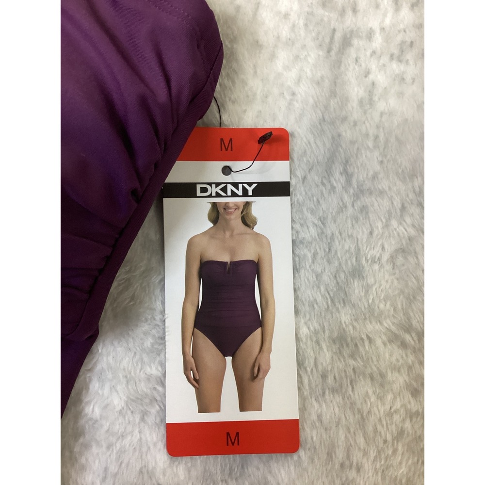 DKNY Womens Purple Ruched U-Wire Bandeau One Piece Swimsuit 1943727 New M - Picture 2 of 5